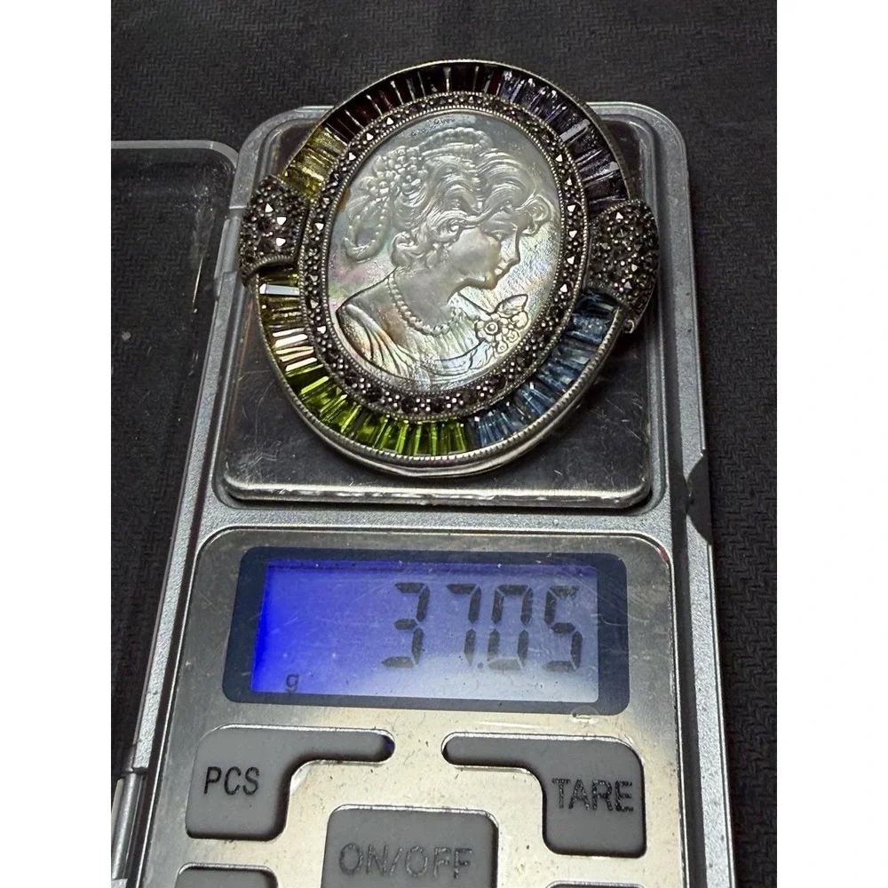 Vintage 925 Sterling Silver Cameo Brooch‎ Pendant MOP Marcasite 37g